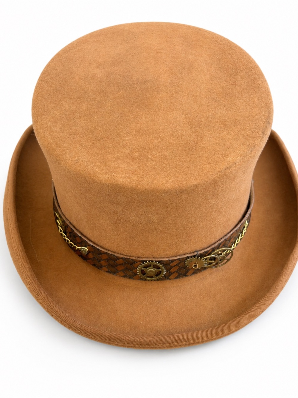 Steampunk Brown Wool Felt Top Hat Gear Chain Embellished Victorian Costume Hat
